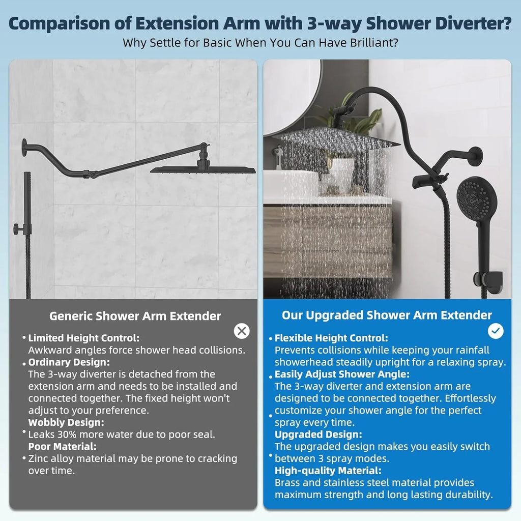 All - Metal High - pressure Rain Shower 8 - inch / 10 - inch / 12 - inch Shower Head Set, Adjustable Curved Shower Extension Arm, Adhesive Shower Head Holder - THEONESHOWER
