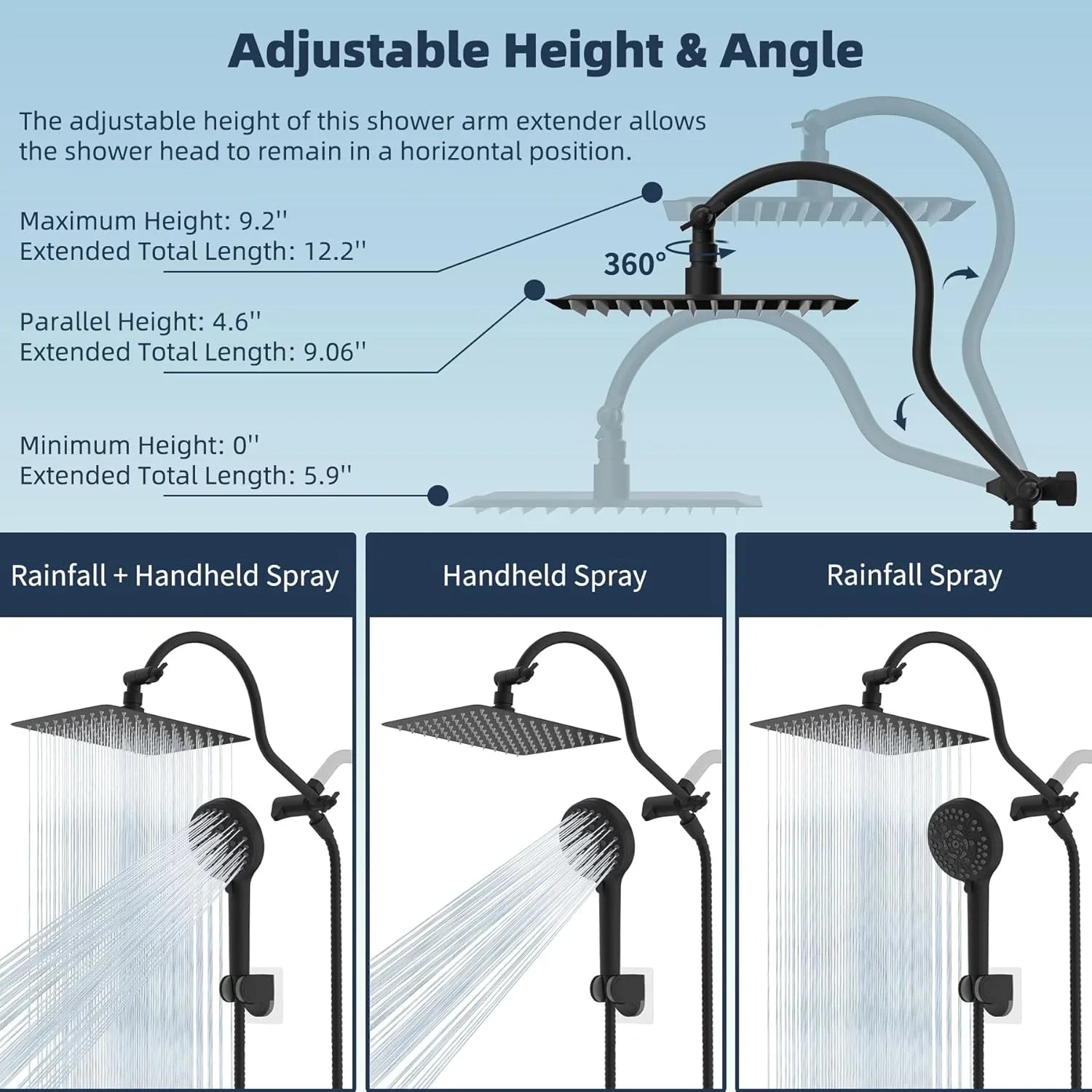 All - Metal High - pressure Rain Shower 8 - inch / 10 - inch / 12 - inch Shower Head Set, Adjustable Curved Shower Extension Arm, Adhesive Shower Head Holder - THEONESHOWER