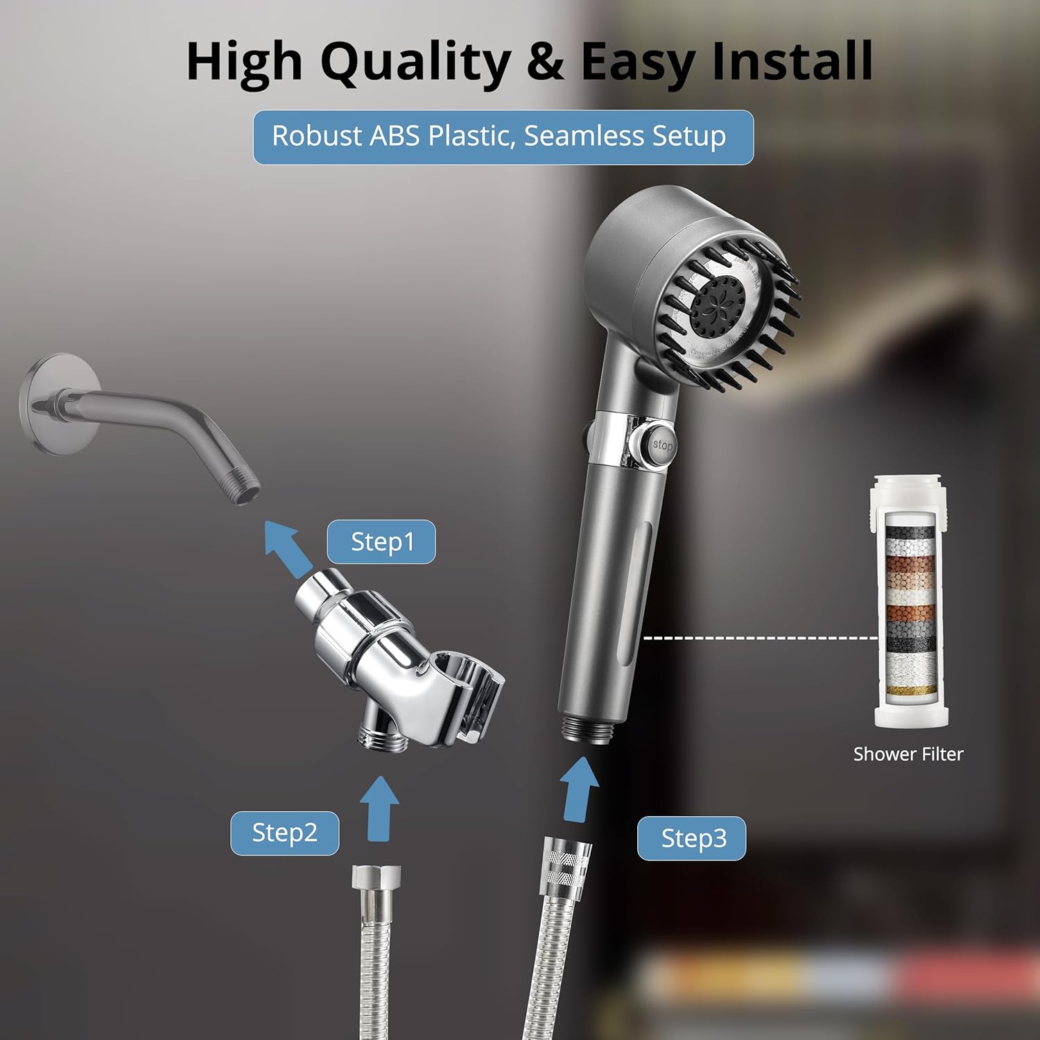 High Pressure Handheld Filter Shower Head with On/Off Switch and 5 FT Hose for RVs, Campers, Motorhomes - THEONESHOWER