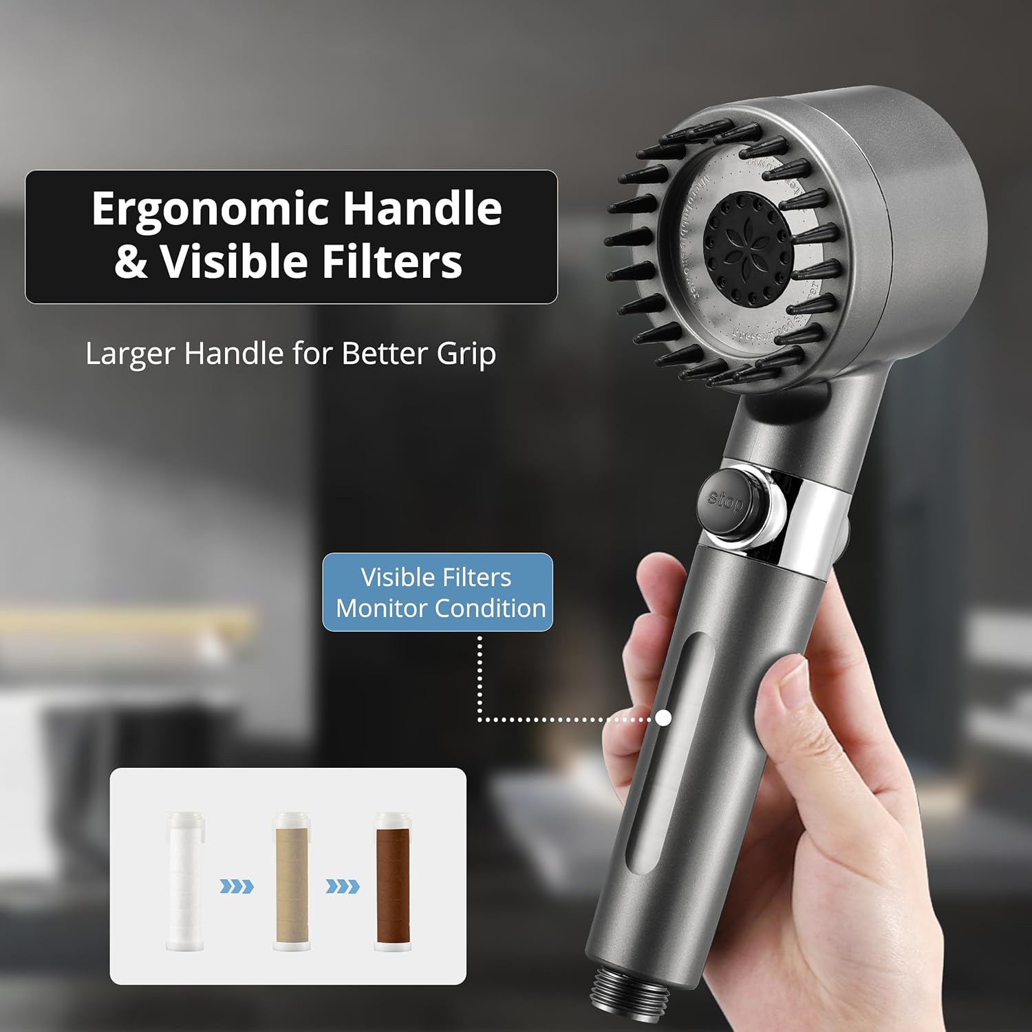 High Pressure Handheld Filter Shower Head with On/Off Switch and 5 FT Hose for RVs, Campers, Motorhomes - THEONESHOWER