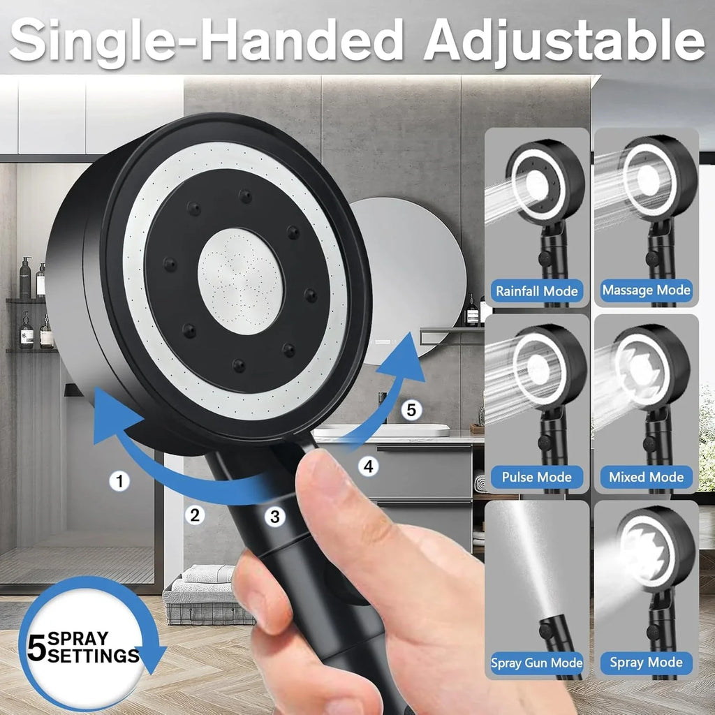 High Pressure Handheld Shower Head with 2M Hose – 5 Spray Modes, Pause Switch, Water Saving Filter, Adjustable Rainfall Shower Head for Home & RV - THEONESHOWER