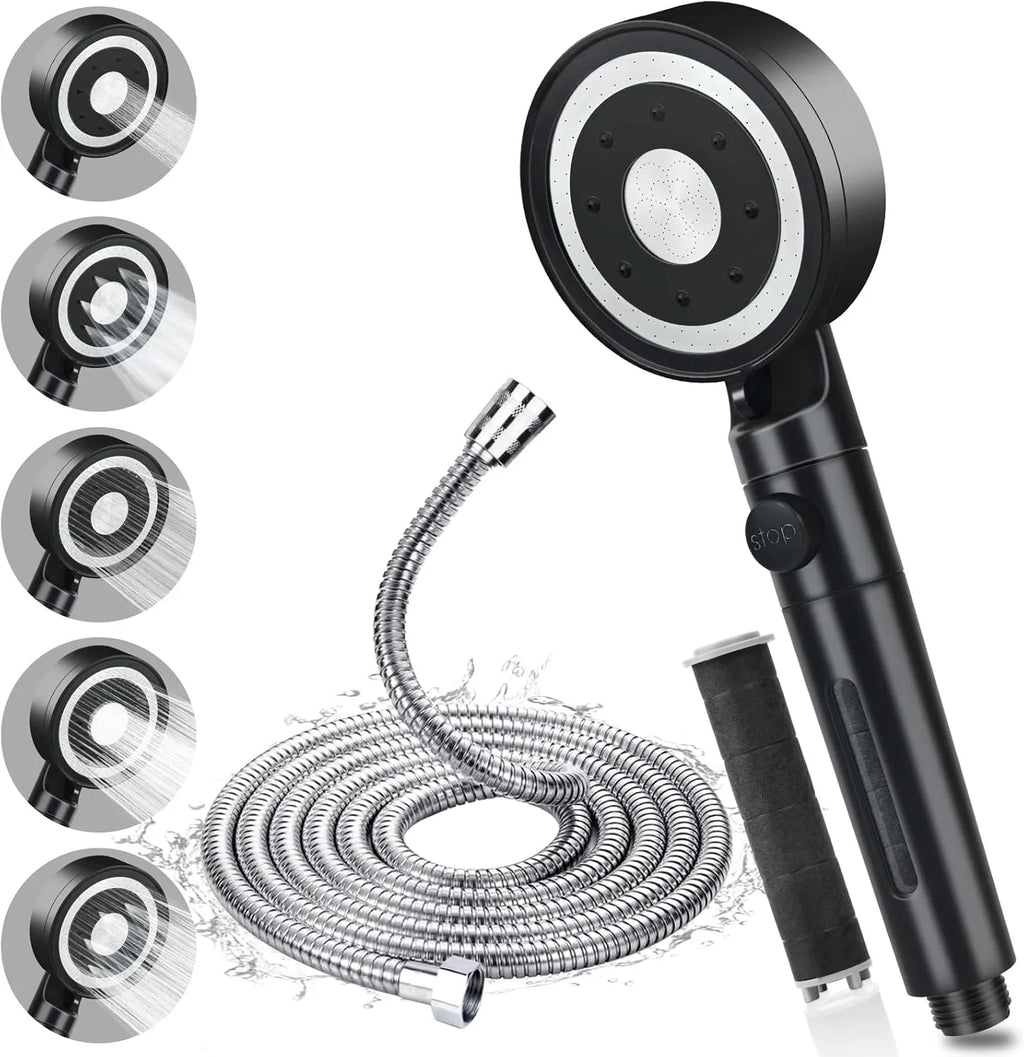 High Pressure Handheld Shower Head with Filter and 2M Hose – 5 Spray Modes, Water Saving, Pause Switch, Universal Adjustable Shower for Home & RV - THEONESHOWER