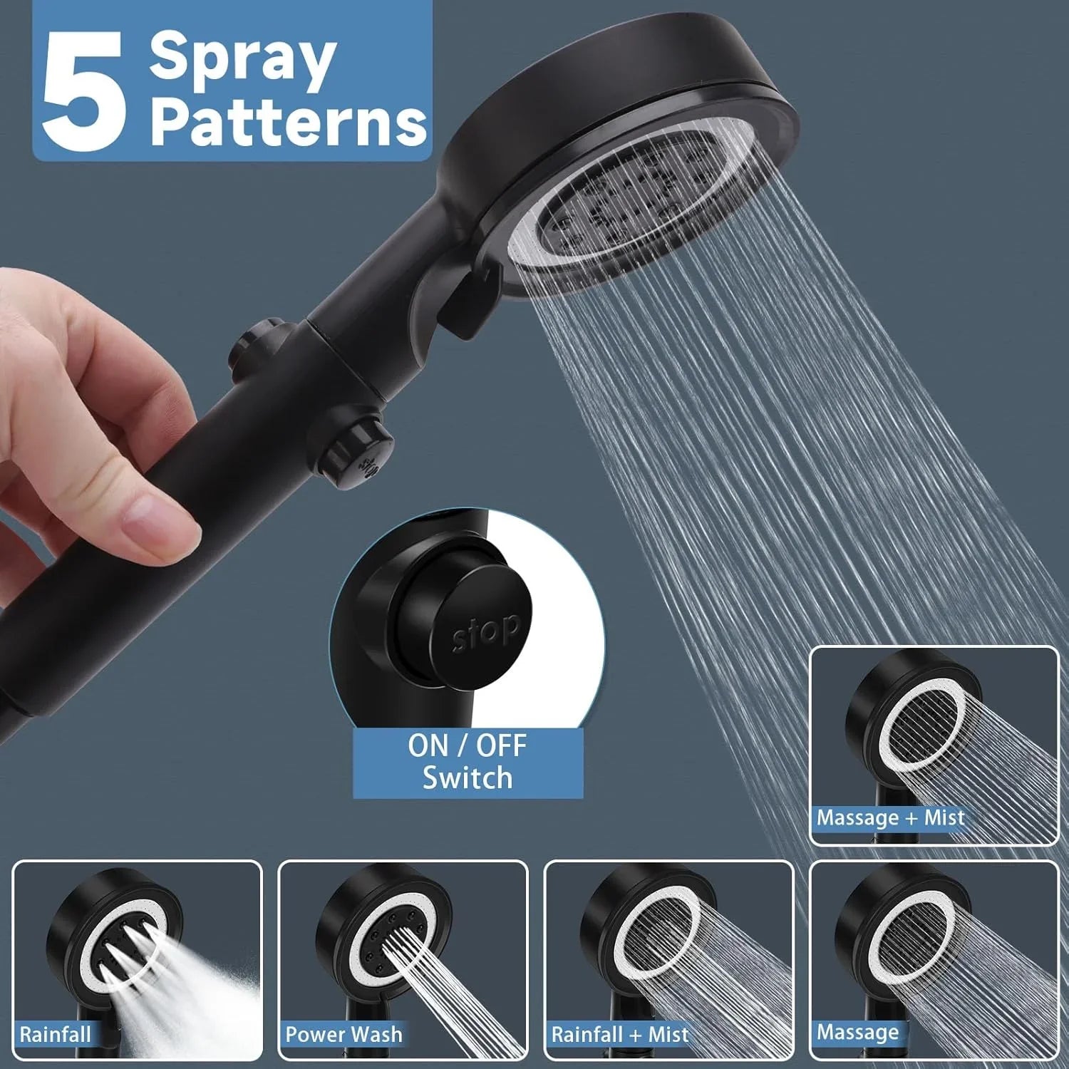 High Pressure RV Shower Head with Hose, 5+1 Spray Modes, Water Saving & On/Off Switch - THEONESHOWER